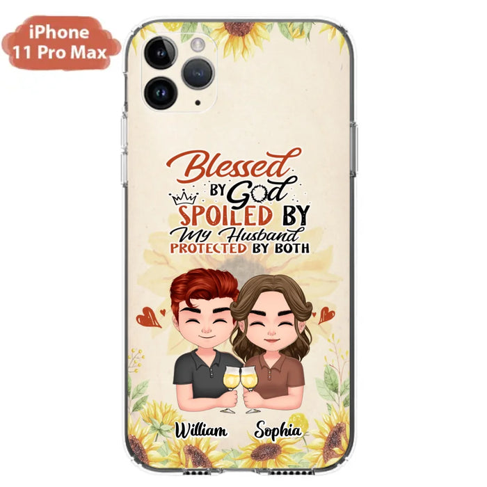 Custom Personalized Chibi Couple Phone Case - Gift Idea For Couple - Blessed By God, Spoiled By My Husband, Protected By Both - Case For iPhone & Samsung