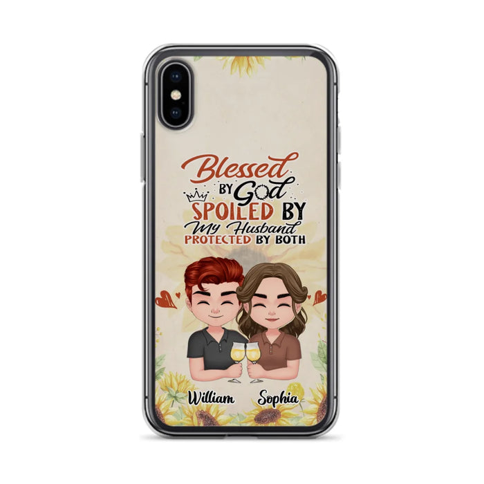 Custom Personalized Chibi Couple Phone Case - Gift Idea For Couple - Blessed By God, Spoiled By My Husband, Protected By Both - Case For iPhone & Samsung