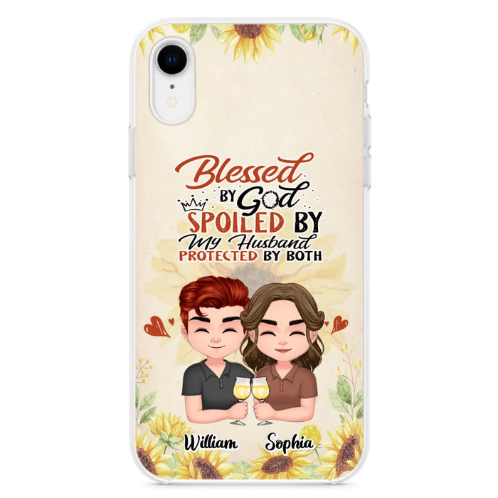 Custom Personalized Chibi Couple Phone Case - Gift Idea For Couple - Blessed By God, Spoiled By My Husband, Protected By Both - Case For iPhone & Samsung