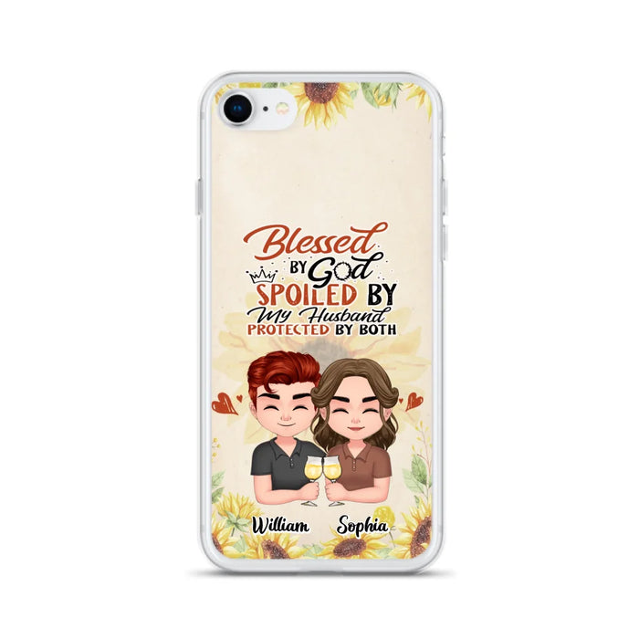 Custom Personalized Chibi Couple Phone Case - Gift Idea For Couple - Blessed By God, Spoiled By My Husband, Protected By Both - Case For iPhone & Samsung