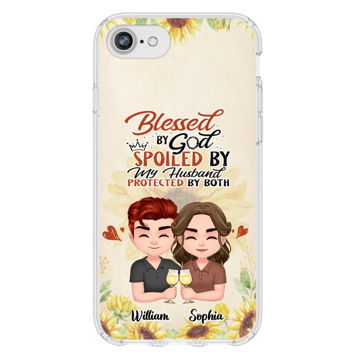 Custom Personalized Chibi Couple Phone Case - Gift Idea For Couple - Blessed By God, Spoiled By My Husband, Protected By Both - Case For iPhone & Samsung