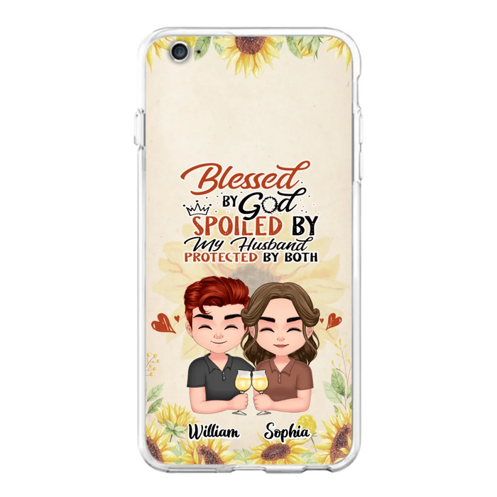 Custom Personalized Chibi Couple Phone Case - Gift Idea For Couple - Blessed By God, Spoiled By My Husband, Protected By Both - Case For iPhone & Samsung