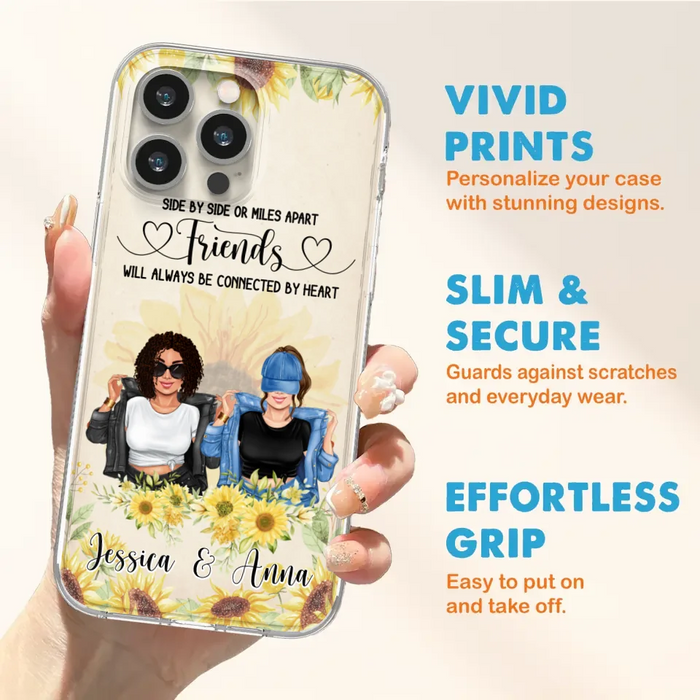 Custom Personalized Friends Phone Case - Upto 4 Girls - Gift Idea For Best Friends - Side By Side Or Miles Apart Friends Will Always Be Connected By Heart - Case for iPhone/Samsung