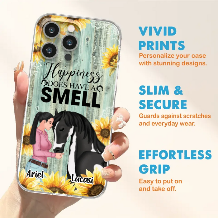 Custom Personalized Horse Girl Phone Case - Up to 3 Horses - Gift Idea for Horse Lover - Happiness Does Have A Smell - Case for iPhone/Samsung