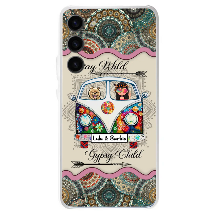 Personalized Hippie Phone Case - Girl with up to 3 Pets - Stay wild gypsy child