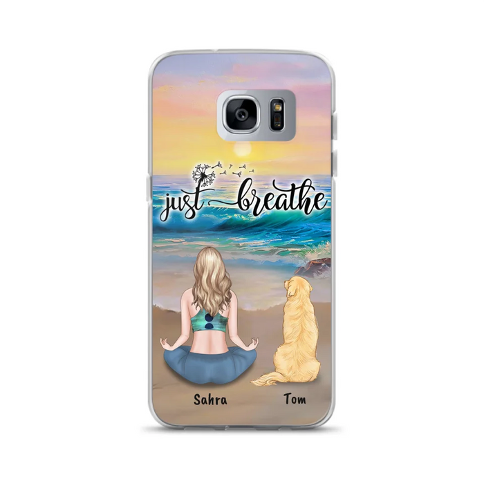 Custom Personalized Yoga Woman & Dog Phone Case - Upto 2 Dogs - Gifts For Yoga/ Dog Lovers - Just Breathe - Case For iPhone, Samsung And Xiaomi - 606HWH