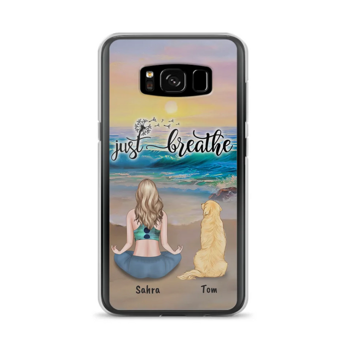 Custom Personalized Yoga Woman & Dog Phone Case - Upto 2 Dogs - Gifts For Yoga/ Dog Lovers - Just Breathe - Case For iPhone, Samsung And Xiaomi - 606HWH