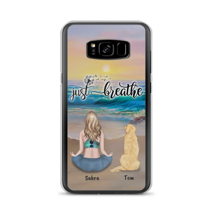 Custom Personalized Yoga Woman & Dog Phone Case - Upto 2 Dogs - Gifts For Yoga/ Dog Lovers - Just Breathe - Case For iPhone, Samsung And Xiaomi - 606HWH