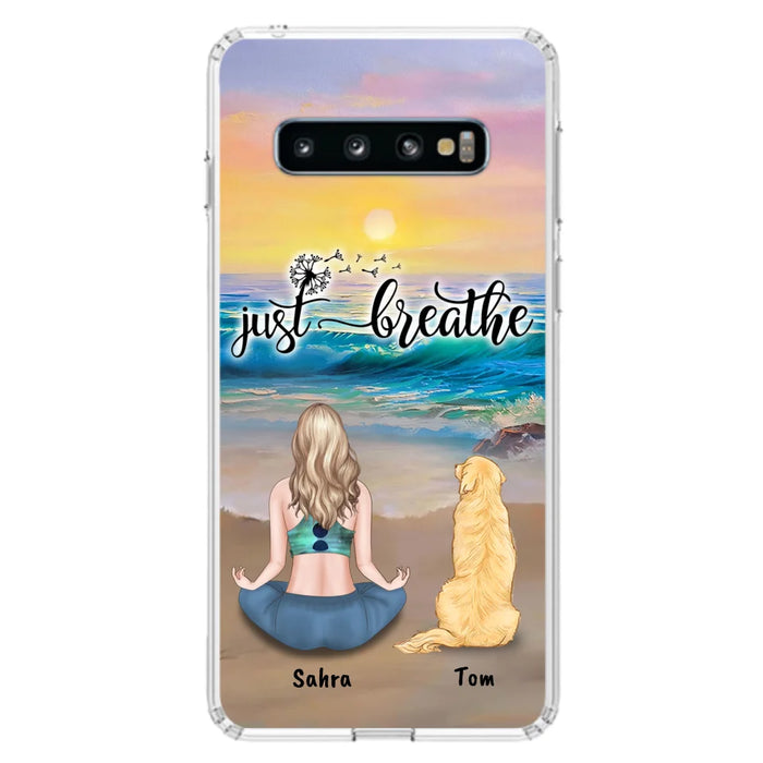 Custom Personalized Yoga Woman & Dog Phone Case - Upto 2 Dogs - Gifts For Yoga/ Dog Lovers - Just Breathe - Case For iPhone, Samsung And Xiaomi - 606HWH