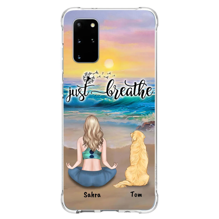 Custom Personalized Yoga Woman & Dog Phone Case - Upto 2 Dogs - Gifts For Yoga/ Dog Lovers - Just Breathe - Case For iPhone, Samsung And Xiaomi - 606HWH