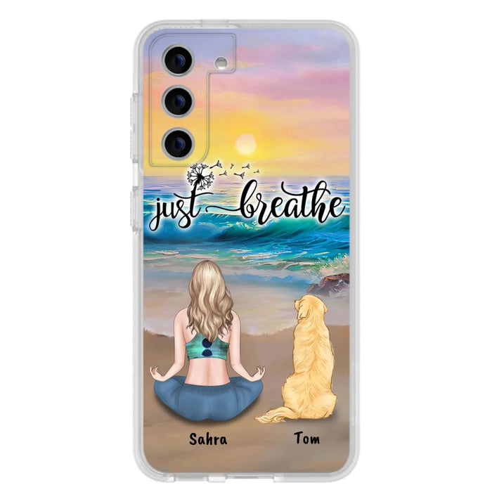 Custom Personalized Yoga Woman & Dog Phone Case - Upto 2 Dogs - Gifts For Yoga/ Dog Lovers - Just Breathe - Case For iPhone, Samsung And Xiaomi - 606HWH