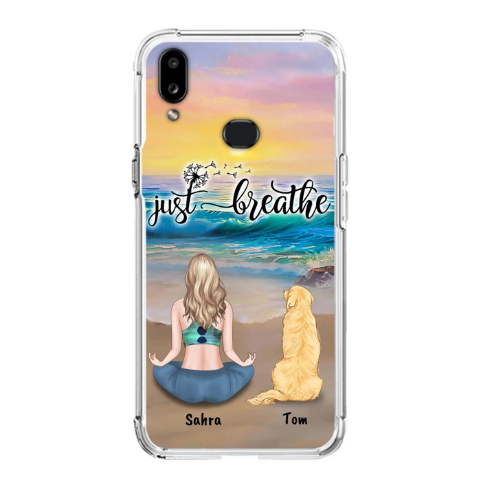 Custom Personalized Yoga Woman & Dog Phone Case - Upto 2 Dogs - Gifts For Yoga/ Dog Lovers - Just Breathe - Case For iPhone, Samsung And Xiaomi - 606HWH