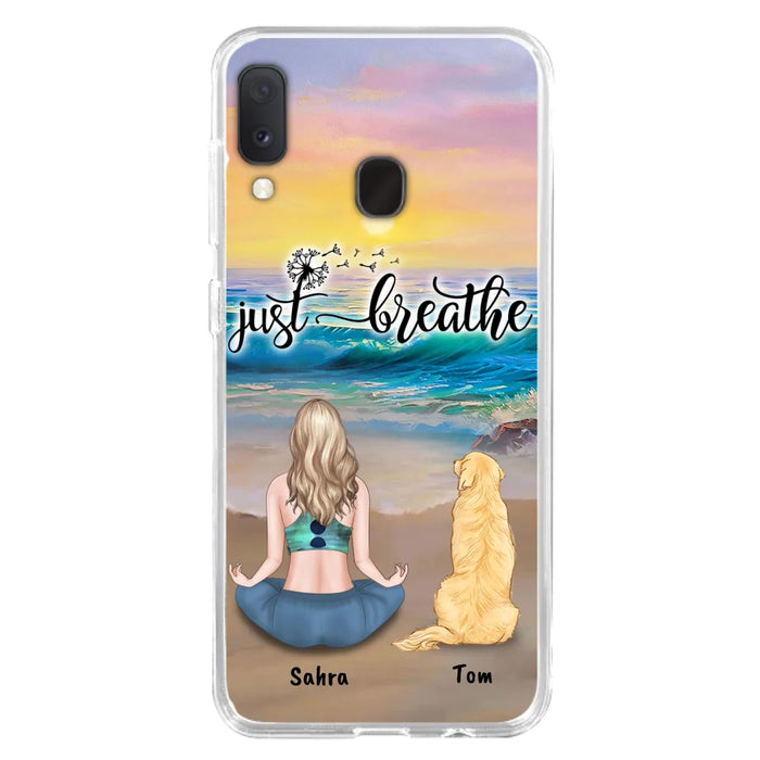 Custom Personalized Yoga Woman & Dog Phone Case - Upto 2 Dogs - Gifts For Yoga/ Dog Lovers - Just Breathe - Case For iPhone, Samsung And Xiaomi - 606HWH