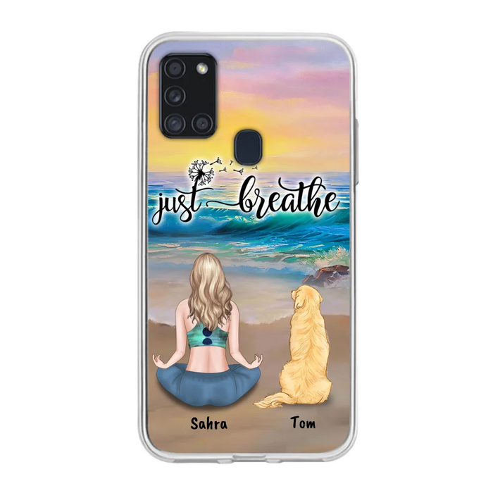 Custom Personalized Yoga Woman & Dog Phone Case - Upto 2 Dogs - Gifts For Yoga/ Dog Lovers - Just Breathe - Case For iPhone, Samsung And Xiaomi - 606HWH