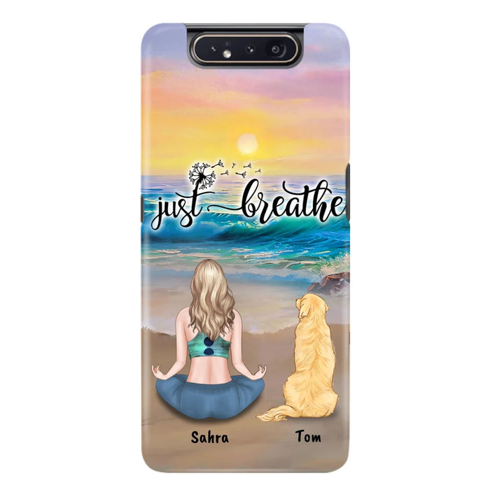 Custom Personalized Yoga Woman & Dog Phone Case - Upto 2 Dogs - Gifts For Yoga/ Dog Lovers - Just Breathe - Case For iPhone, Samsung And Xiaomi - 606HWH