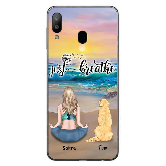 Custom Personalized Yoga Woman & Dog Phone Case - Upto 2 Dogs - Gifts For Yoga/ Dog Lovers - Just Breathe - Case For iPhone, Samsung And Xiaomi - 606HWH