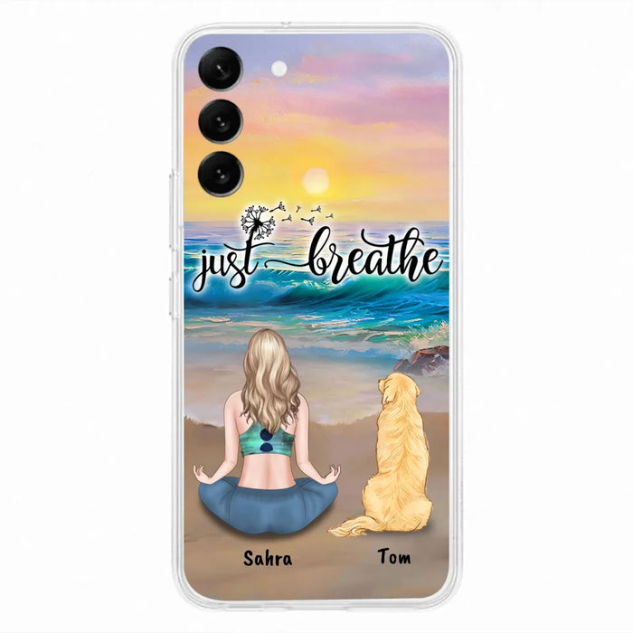 Custom Personalized Yoga Woman & Dog Phone Case - Upto 2 Dogs - Gifts For Yoga/ Dog Lovers - Just Breathe - Case For iPhone, Samsung And Xiaomi - 606HWH