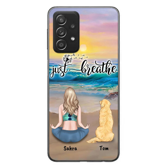 Custom Personalized Yoga Woman & Dog Phone Case - Upto 2 Dogs - Gifts For Yoga/ Dog Lovers - Just Breathe - Case For iPhone, Samsung And Xiaomi - 606HWH