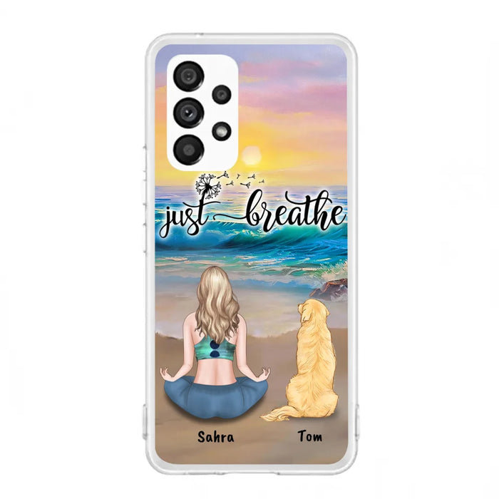 Custom Personalized Yoga Woman & Dog Phone Case - Upto 2 Dogs - Gifts For Yoga/ Dog Lovers - Just Breathe - Case For iPhone, Samsung And Xiaomi - 606HWH