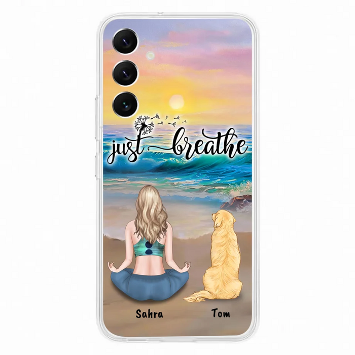 Custom Personalized Yoga Woman & Dog Phone Case - Upto 2 Dogs - Gifts For Yoga/ Dog Lovers - Just Breathe - Case For iPhone, Samsung And Xiaomi - 606HWH