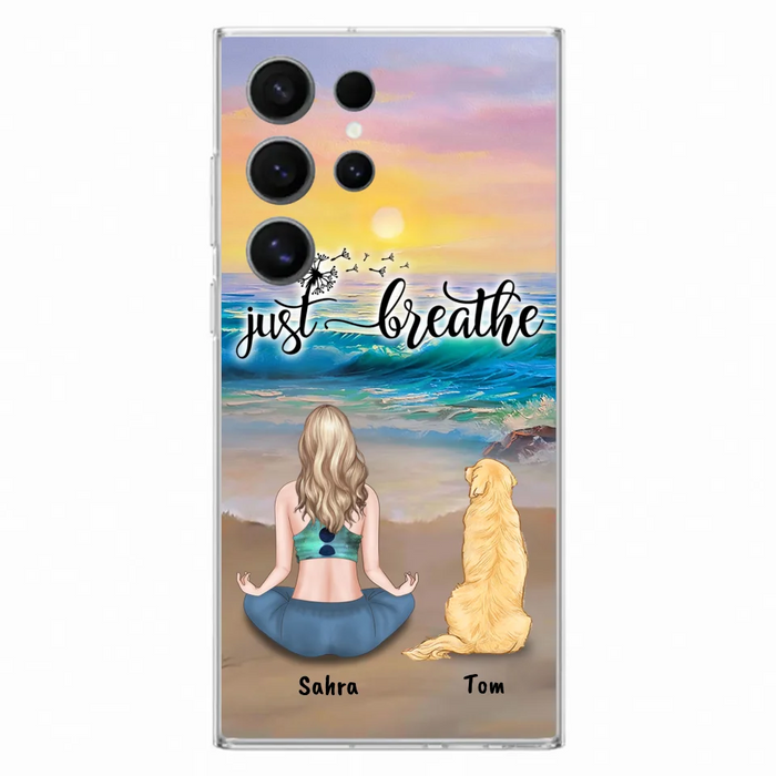 Custom Personalized Yoga Woman & Dog Phone Case - Upto 2 Dogs - Gifts For Yoga/ Dog Lovers - Just Breathe - Case For iPhone, Samsung And Xiaomi - 606HWH