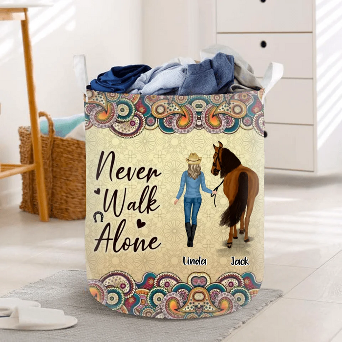 Custom Personalized Horse Girl Laundry Basket - Upto 4 Horses - Gift Idea For Horse Lovers - Never Walk Alone