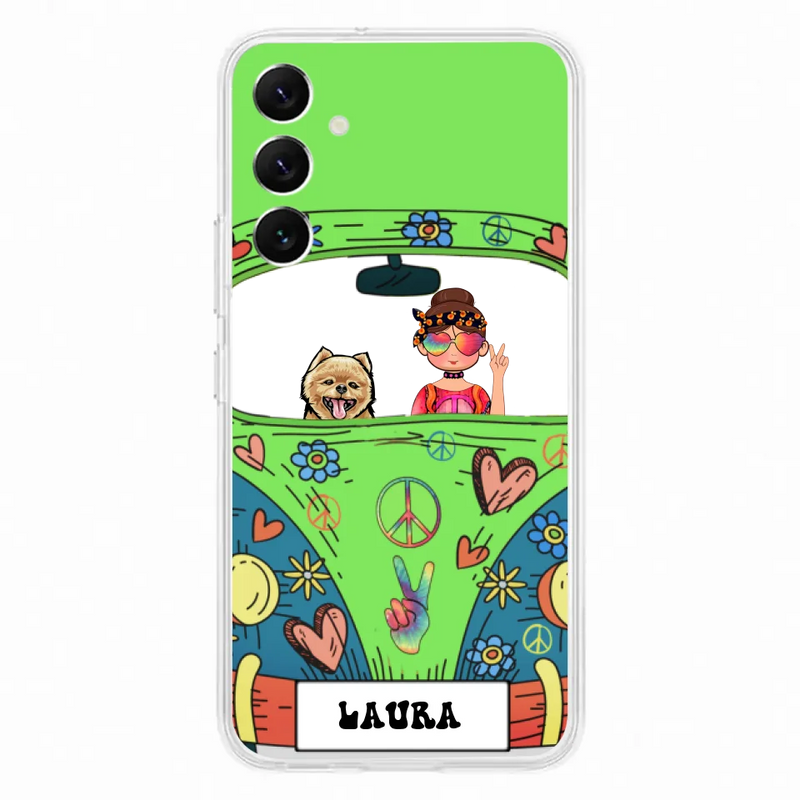 Personalized Hippie Girl Phone Case - Girl with up to 3 Pets - Case for iPhone, Samsung and Xiaomi