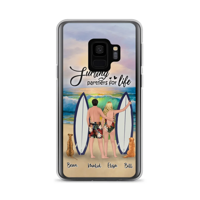 Custom Personalized Surfing Phone Case - Couple And 2 Pets - Phone Case For iPhone and Samsung - Surfing Partners For Life - CCS180