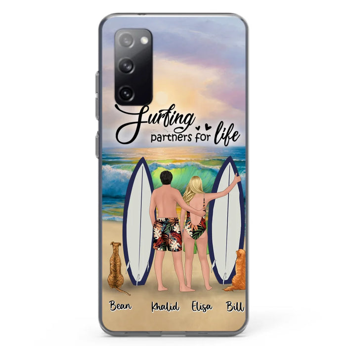 Custom Personalized Surfing Phone Case - Couple And 2 Pets - Phone Case For iPhone and Samsung - Surfing Partners For Life - CCS180