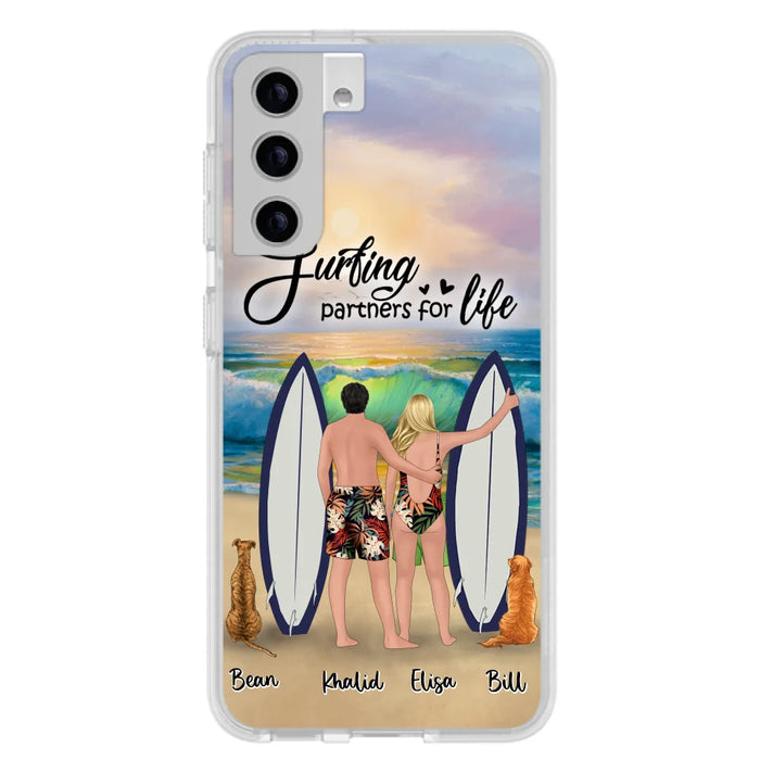 Custom Personalized Surfing Phone Case - Couple And 2 Pets - Phone Case For iPhone and Samsung - Surfing Partners For Life - CCS180