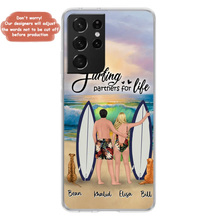 Custom Personalized Surfing Phone Case - Couple And 2 Pets - Phone Case For iPhone and Samsung - Surfing Partners For Life - CCS180