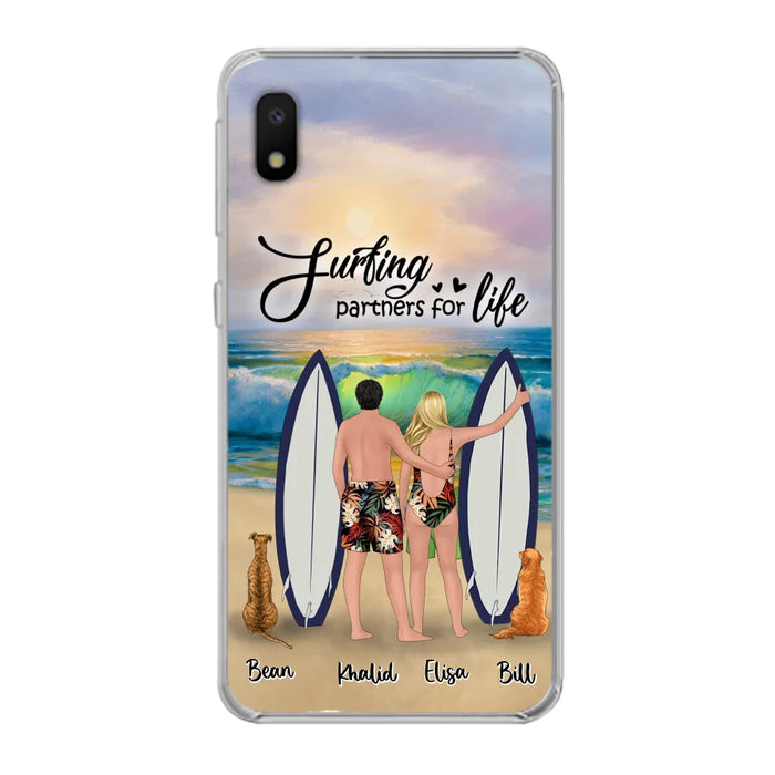 Custom Personalized Surfing Phone Case - Couple And 2 Pets - Phone Case For iPhone and Samsung - Surfing Partners For Life - CCS180