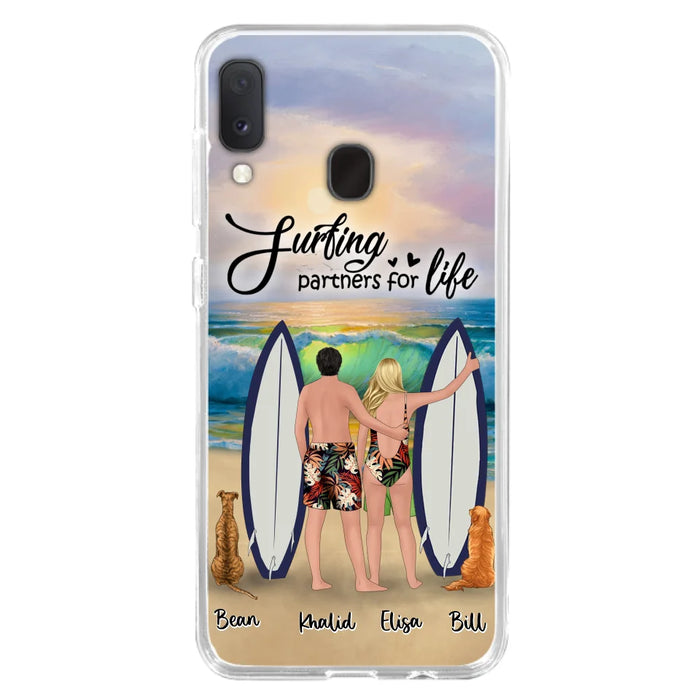 Custom Personalized Surfing Phone Case - Couple And 2 Pets - Phone Case For iPhone and Samsung - Surfing Partners For Life - CCS180