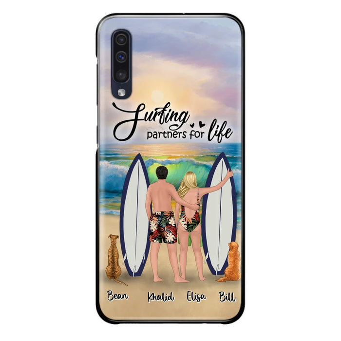 Custom Personalized Surfing Phone Case - Couple And 2 Pets - Phone Case For iPhone and Samsung - Surfing Partners For Life - CCS180