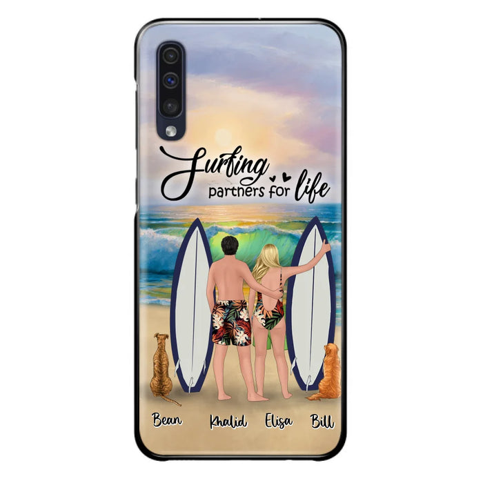 Custom Personalized Surfing Phone Case - Couple And 2 Pets - Phone Case For iPhone and Samsung - Surfing Partners For Life - CCS180