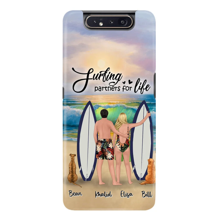 Custom Personalized Surfing Phone Case - Couple And 2 Pets - Phone Case For iPhone and Samsung - Surfing Partners For Life - CCS180