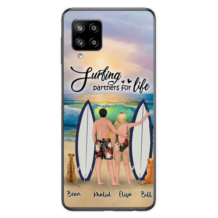 Custom Personalized Surfing Phone Case - Couple And 2 Pets - Phone Case For iPhone and Samsung - Surfing Partners For Life - CCS180