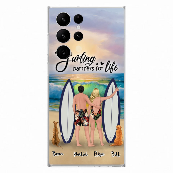 Custom Personalized Surfing Phone Case - Couple And 2 Pets - Phone Case For iPhone and Samsung - Surfing Partners For Life - CCS180