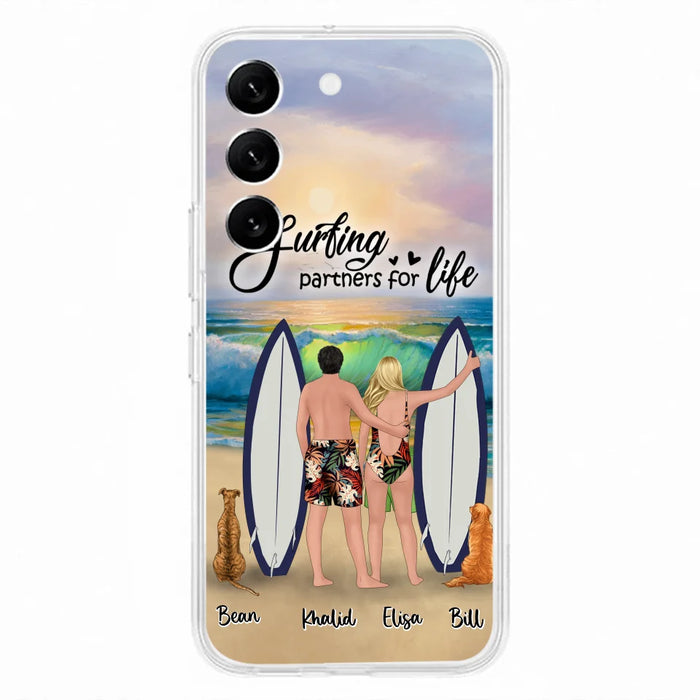 Custom Personalized Surfing Phone Case - Couple And 2 Pets - Phone Case For iPhone and Samsung - Surfing Partners For Life - CCS180