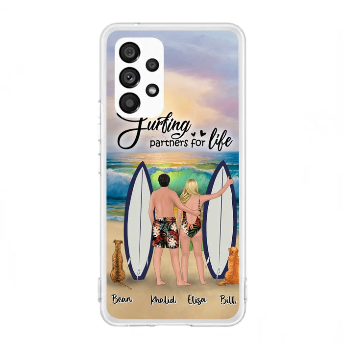 Custom Personalized Surfing Phone Case - Couple And 2 Pets - Phone Case For iPhone and Samsung - Surfing Partners For Life - CCS180