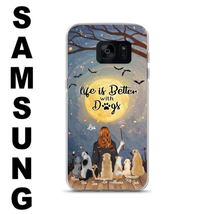 Custom Personalized Witch Phone Case - Upto 7 Dogs - Gift For Dog Lovers - Life Is Better With Dogs