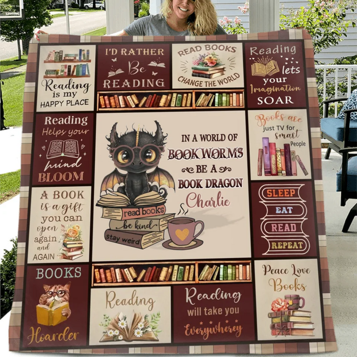 Custom Personalized Books & Dragon Quilt/ Fleece Throw Blanket - Gift Idea For  Book Lover - In A World Of Bookworms Be A Book Dragon