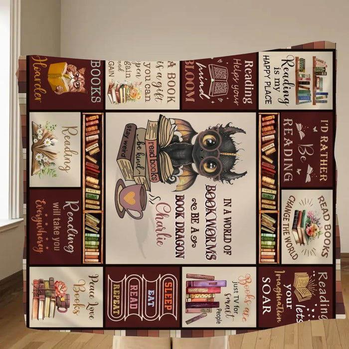 Custom Personalized Books & Dragon Quilt/ Fleece Throw Blanket - Gift Idea For  Book Lover - In A World Of Bookworms Be A Book Dragon