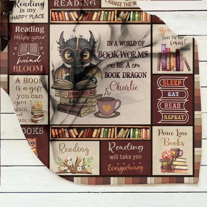 Custom Personalized Books & Dragon Quilt/ Fleece Throw Blanket - Gift Idea For  Book Lover - In A World Of Bookworms Be A Book Dragon