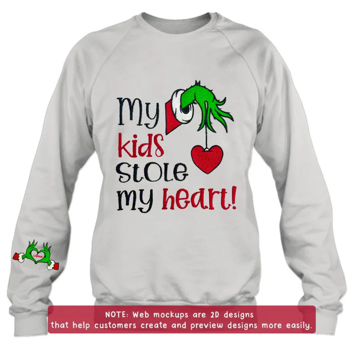 Custom Personalized Grinch Hand Embroidered Sweater - Upto 6 Kids - Christmas Gift Idea For Grandma/ Mom - My Kids Stole My Heart