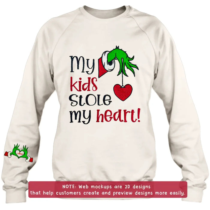 Custom Personalized Grinch Hand Embroidered Sweater - Upto 6 Kids - Christmas Gift Idea For Grandma/ Mom - My Kids Stole My Heart