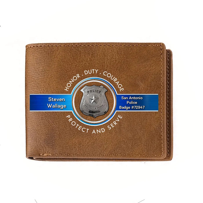 Custom Personalized Police Leather Wallet - Father's Day Gift Idea for Police - Honor Duty Courage