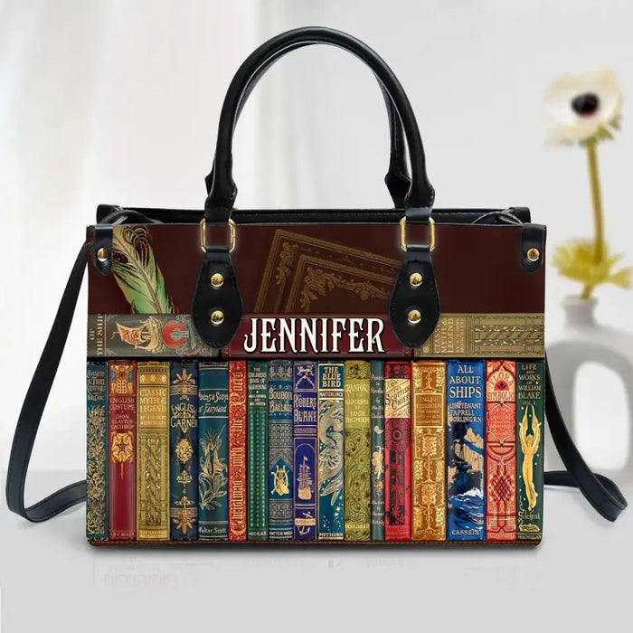 Personalized Reading Book Leather Handbag With Long Straps - Gift Idea For Reading Lovers