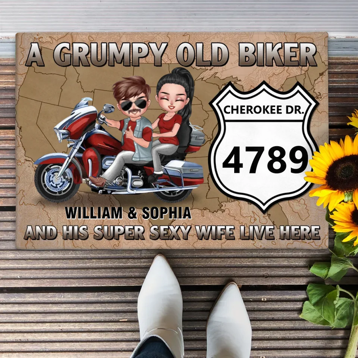 Custom Personalized Old Biker Couple Doormat - Gift Idea For Couple/ Biker - A Grumpy Old Biker And His Super Sexy Wite Live Here