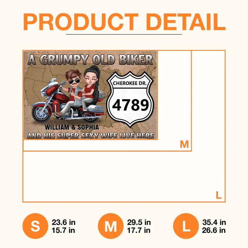 Personalized Old Biker Couple Doormat - Gift Idea For Couple/Biker - A Grumpy Old Biker And His Super Sexy Wite Live Here
